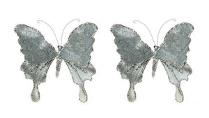 5" Metallic Silver Glitter Butterfly Clip-On Christmas Ornament Set of 2