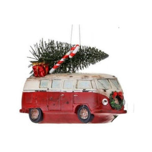 5" Retro VW Bus Car Van Christmas Ornament with Bottle Brush Tree