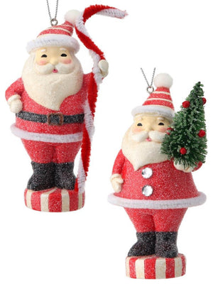 4.5" Sugared Peppermint Santa with Tree and Candy Cane Christmas Ornament Set of 2