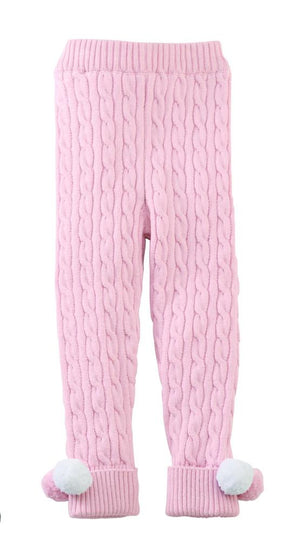 Mud Pie Kids Cable Knit Leggings Pants with Pom Poms- Pink Color