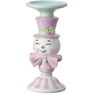 9" Retro Style Snowman Pink and Mint Green Pillar Candle Holder