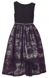 Bonnie Jean Sleeveless Black Dress with Velvet Bodice and Lace Overlay Hi-Low Skirt