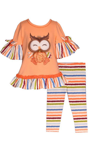 Bonnie Jean Girls Pale Orange Fall Owl Applique Tunic Top and Leggings 2 Pc Set