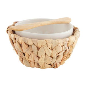 Mud Pie Home Garden Theme Hyacinth Woven Basket and Ceramic Dip Bowl Set