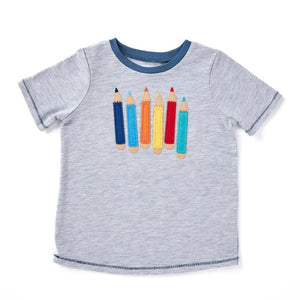 Mud Pie Kids BTS Boys Grey T-Shirt Tee Shirt Pencil Crayons School Applique