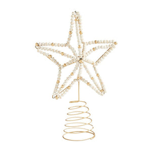 Mud Pie Home White Gold Wood Beaded Star Shape Christmas 10" Tall Tree Topper
