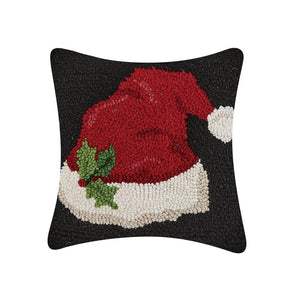 Santa's Hat on Black Background 10" Sq Hooked Wool Accent Pillow